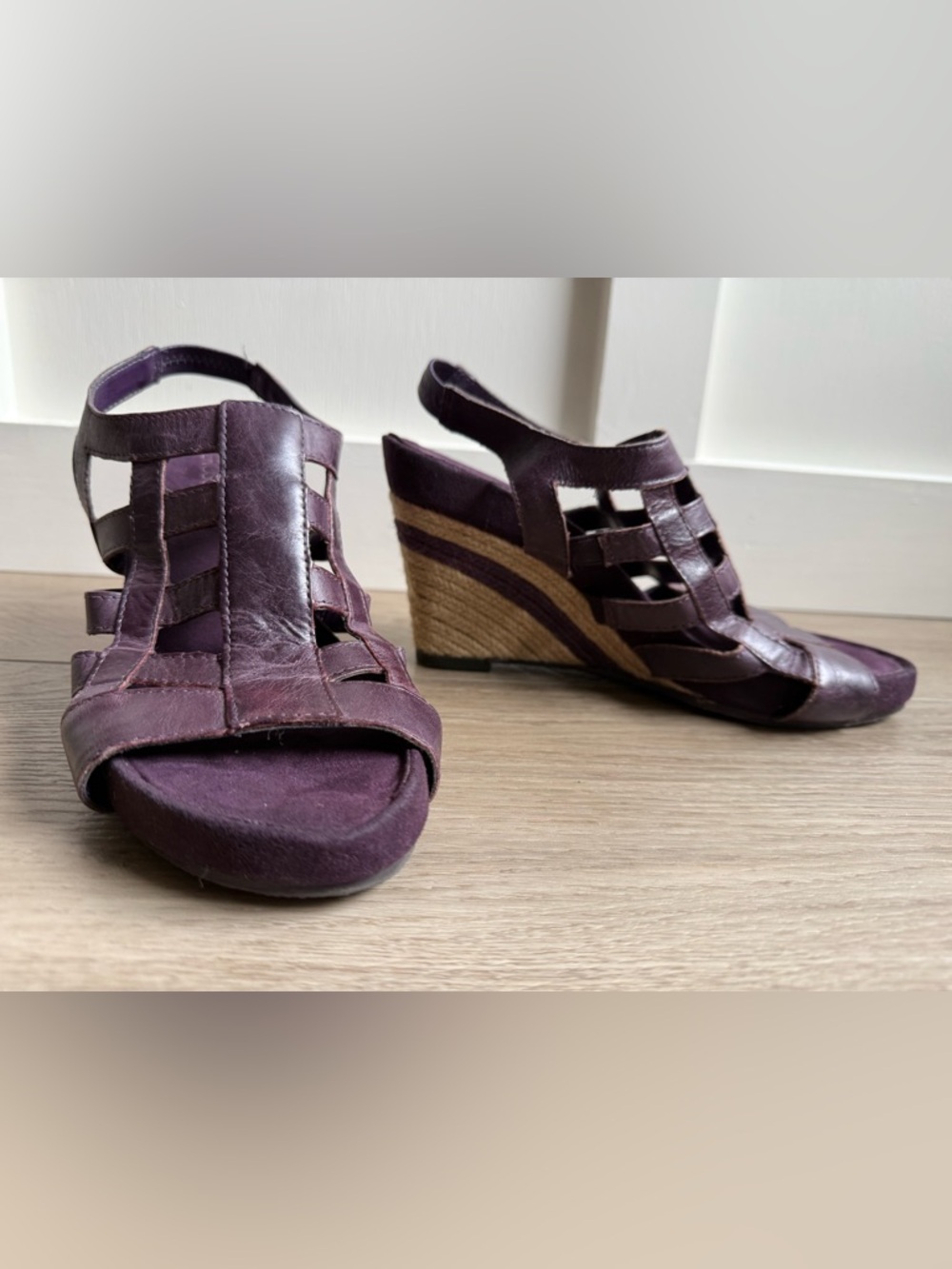 AEROSOLES Plum Leather Espadrille Wedge Sandals - Picture 8 of 8
